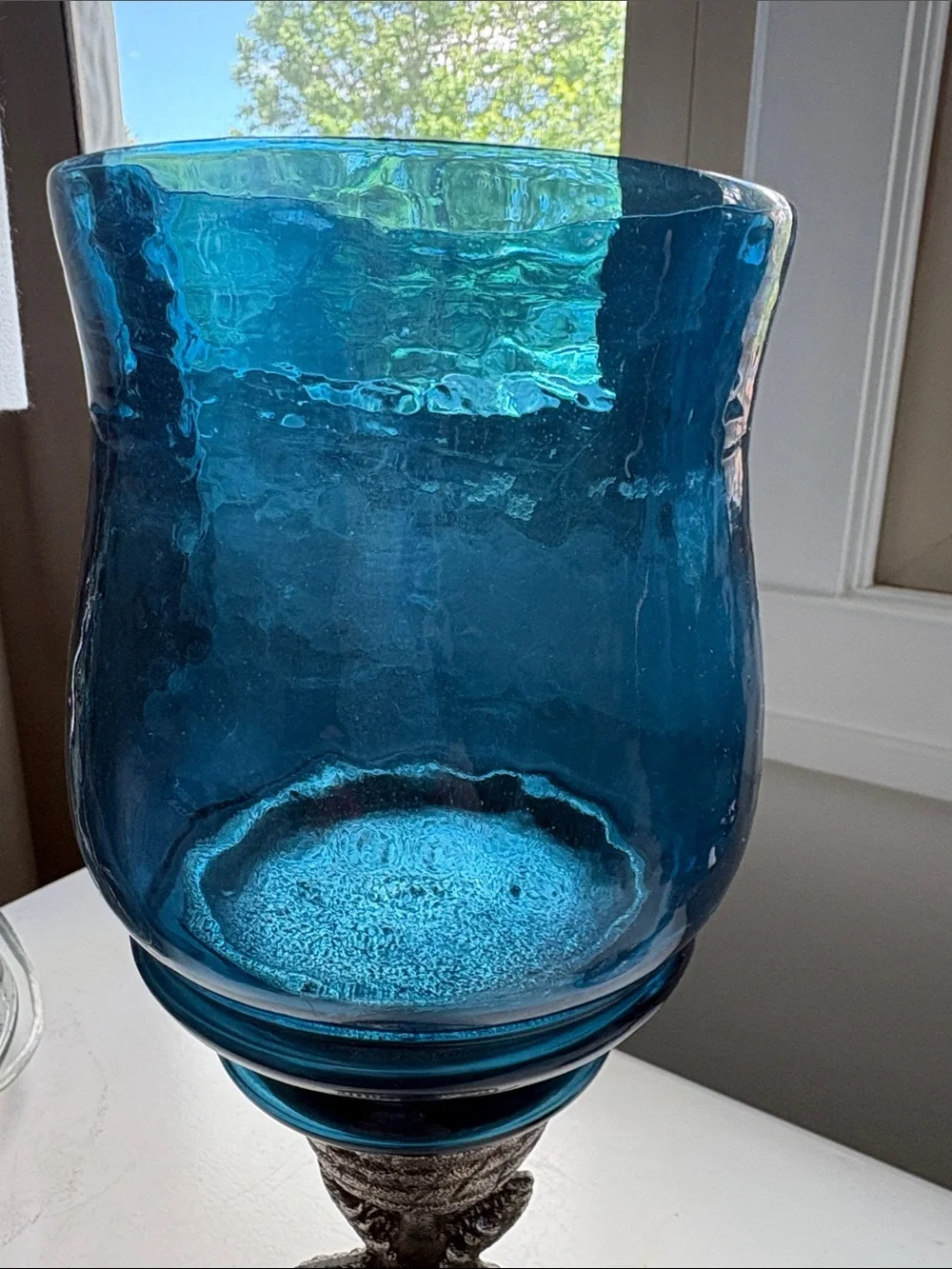 Pair of Ocean Blue Glass Hurricane Starfish Cast Metal Candle Holders